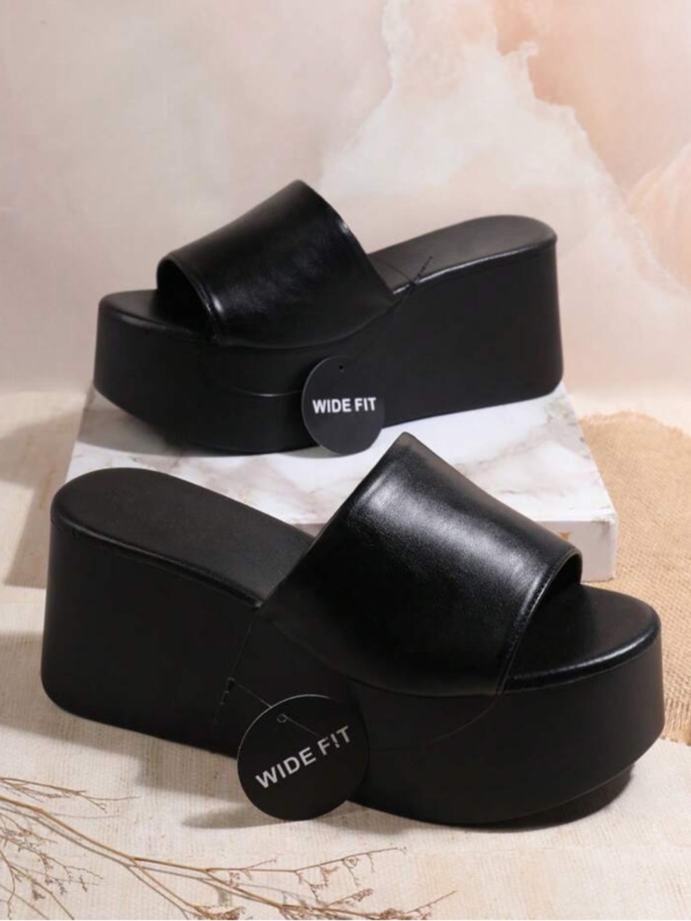 Black Platform Slide Wedge - Wide Fit